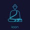 Turquoise line Buddhist monk in robes sitting in meditation icon isolated on blue background. Vector Illustration