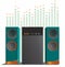 Turquoise music speakers with orange accents and a subwoofer,