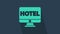 Turquoise Online hotel booking icon isolated on blue background. Online booking design concept for computer monitor. 4K