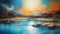 Turquoise And Orange: Dramatic River Sunset Oil Painting