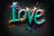Turquoise paint word Love made with colourful paint splashing on a dark green background. Created with Generative AI