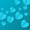 Turquoise paper origami hearts Valentines day card on turquoise background