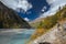 Turquoise river in the Himalayas tibet mountains with clouds and blue sky in China