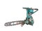 Turquoise rusty industrial chainsaw isolated on a white background