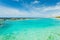 Turquoise sea water and blue sky. Curacao island.. Beautiful nature background