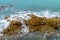 Turquoise sea water crashing on rocks on sunny summer day.