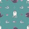 Turquoise seamless pattern with an octopus and fishes