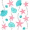 Turquoise seashells and pink starfish on a white background