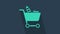 Turquoise Shopping cart and food icon isolated on blue background. Food store, supermarket. 4K Video motion graphic