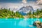 Turquoise Sorapis Lake in Cortina d\'Ampezzo, with Dolomite Moun