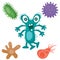 Turquoise virus surrounded by colorful bacteria, cartoon style, isolated object on white background, vector illustration