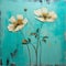Turquoise Wall Art: White Painted Flowers In Golden Palette Style