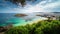 Turquoise water beach in summer with some boats and nice island, Time-Lapse