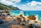 Turquoise water of Ionian sea. Amazing summer view of Avali Beach. Stunning morning seascape of Mediterranean sea. Wonderful outdo