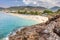 Turquoise water in sea on Cleopatra beach in Alanya, Turkey. Paradise lagoon on turkish resort in Alanya. Rest on mediterranean