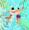 Turquoise water tropical paradise honeymoon, couple swimming together artistic design.