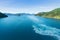 Turquoise water with the wash created by passenger ship heading for Picton through Queen Charlotte Sound with lush native bush,