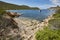 Turquoise waters in Cabrera island shoreline landscape. Balearic archipelago. Spain