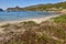 Turquoise waters in Cabrera island shoreline landscape. Balearic archipelago. Spain