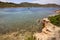 Turquoise waters in Cabrera island shoreline landscape. Balearic archipelago. Spain