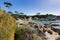 Turquoise waters with orange lichen growing on granite rocks, rocky coastline at Skeleton Bay, Bay of Fires in