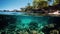 Turquoise Waters and Transparent Reef Snorkeling in the Exotic Island of Kioa in two world view with dome underwater photography