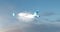 Turquoise winged airplane flies through the clouds at sunset render three-dimensional animation arc shot camera movement