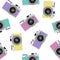 Turquoise, yellow, purple and pink retro camera pattern seamless vintage photo hipster vector