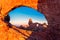 Turret Arch through the North Window at sunrise in Arches National Park near Moab, Utah