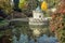 Turret in Bojnice, Slovakia, autumn park, seasonal colorful natural scene with lake