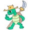 Turtle in action martial style with a sharp spear, doodle icon image kawaii