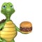 turtle cartoon is holding a triple burger close up