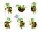 Turtle. Cartoon tortoise mascot. Green comic reptiles with carapaces. Animals activities or emotions. Funny character
