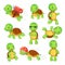 Turtle child. Running fast tortoise. Green kids turtles cartoon characters isolated vector illustration set