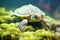 turtle crawling over algae-covered stones