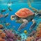 turtle with group of colorful fish and sea animals with colorful coral underwater in ocean