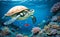 Turtle with group of colorful fish and sea animals with colorful coral underwater in ocean, underwater ecosystem. Generative AI