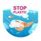 Turtle in ocean with plastic waste flat concept icon