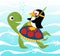 Turtle and penguin under blue sea, vector cartoon illustration