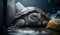 A turtle sleeps among the piles of plastic waste, concept of saving the world. Generative AI