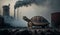 turtle stands watching a petrochemical refinery at sunrise. Generative AI