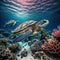 A turtle swimming in the ocean near a coral reef. Bright colors.