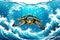 Turtle swimming in ocean, peacefully navigates its underwater world. For Tshirt design, fashion, clothing design