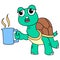 Turtle is tired of enjoying breaktime with a glass of hot drink. doodle icon image kawaii