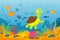 Turtle in underwater scene. Tortoise, seaweeds and fishes in ocean bottom. Cartoon marine vector background