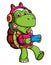 Turtle wearing gaming headphones (over the ear, with a mic) holding a smartphone