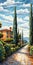 Tuscan Countryside Street By Oil Painting With Cypress Trees And Blue Sky