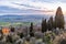 Tuscan hilly valley with color trees after sunset.