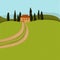 Tuscan house in the trees. Landscape with a road.