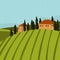 Tuscan landscape with houses and trees.